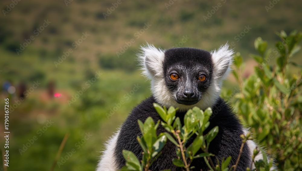 Obraz premium Vertical portrait of the largest lemur species, the indri from a national reserve, showcasing its unique features, wildlife preservation