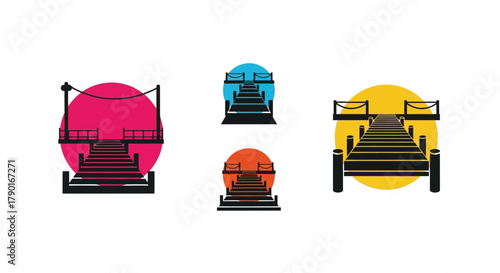 Stylized graphic of ship decks and staircases within colorful oval shapes