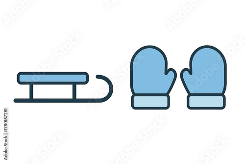 Winter sled and pair of blue mittens simple icon set