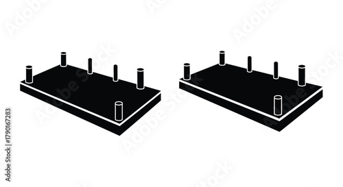 Two black rectangular plates with cylindrical pins depicted in a simple style