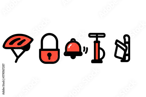 Essential bicycle safety and maintenance outline icons in red and black
