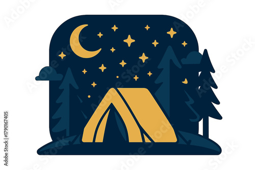 Yellow tent pitched under crescent moon and bright stars in dark forest