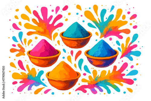 Bright colored powder piles and dynamic paint splashes in bowls