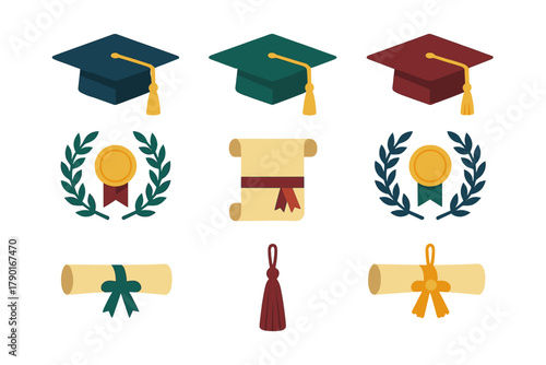 Set of graduation icons featuring mortarboards diplomas and laurel wreaths