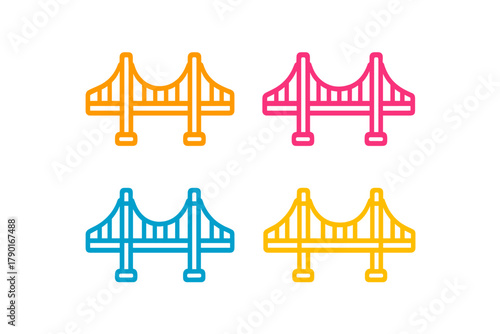 Colorful suspension bridge line icons representing city landmarks and transportation