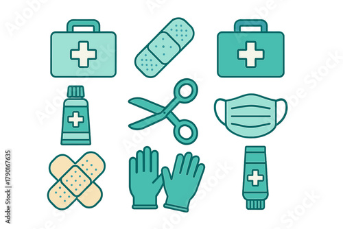 Essential first aid kit supplies and medical protection equipment icons