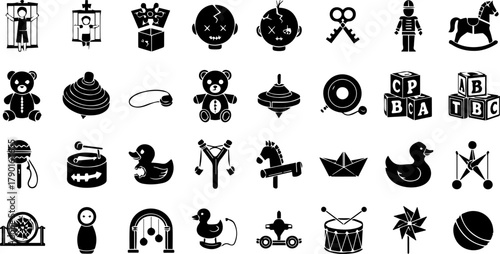 A comprehensive collection of black silhouette icons depicting various classic childhood toys and objects for play