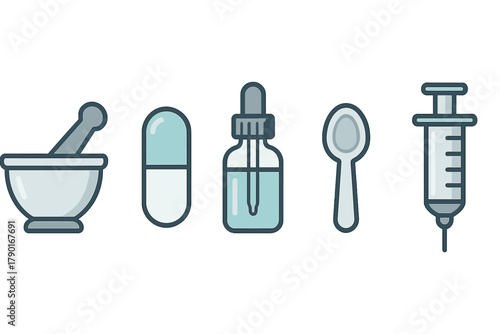 Collection of pharmaceutical and medical preparation icons featuring mortar pestle capsule dropper spoon and syringe