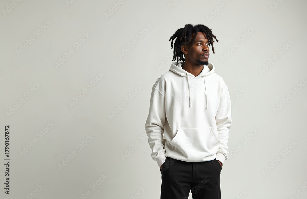 Fototapeta premium Handsome african man in white hoodie stands against a plain background. He wears black pants and has dreadlocks. Male model poses in blank sweatshirt for apparel mock-up.