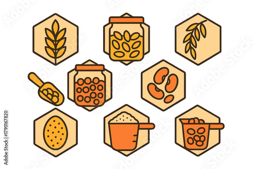 Set of dried food icons showing grains and legumes in storage containers