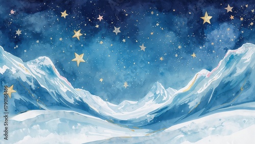 Artistic works in watercolor and oil that portray a celestial landscape with stars and mountains, creative expression in fine art