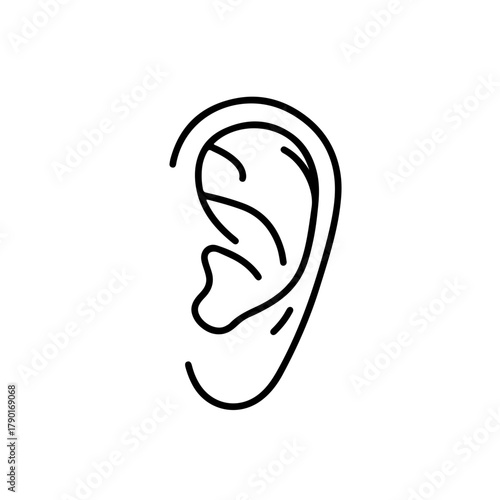 Human ear outer contour in minimal line art vector, ideal for anatomy diagrams, logo elements, and educational illustration design