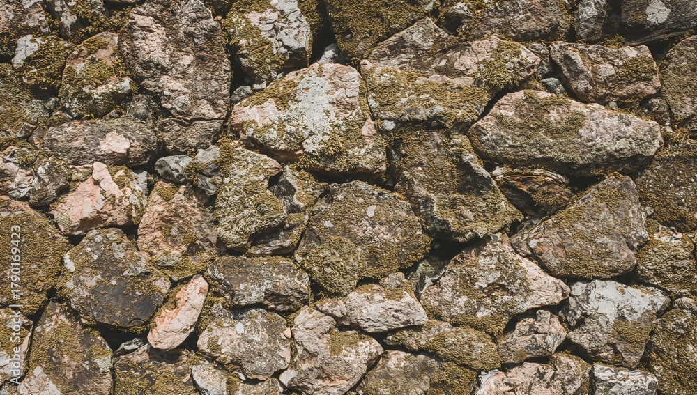 Fototapeta premium A close-up view of a rugged stone wall featuring assorted irregularly shaped rocks, showcasing a natural texture enriched with moss and lichen, erosion risk