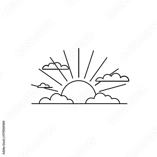 Sun over landscape horizon with radiant lines minimal line vector illustration for nature-themed outdoor scenery art