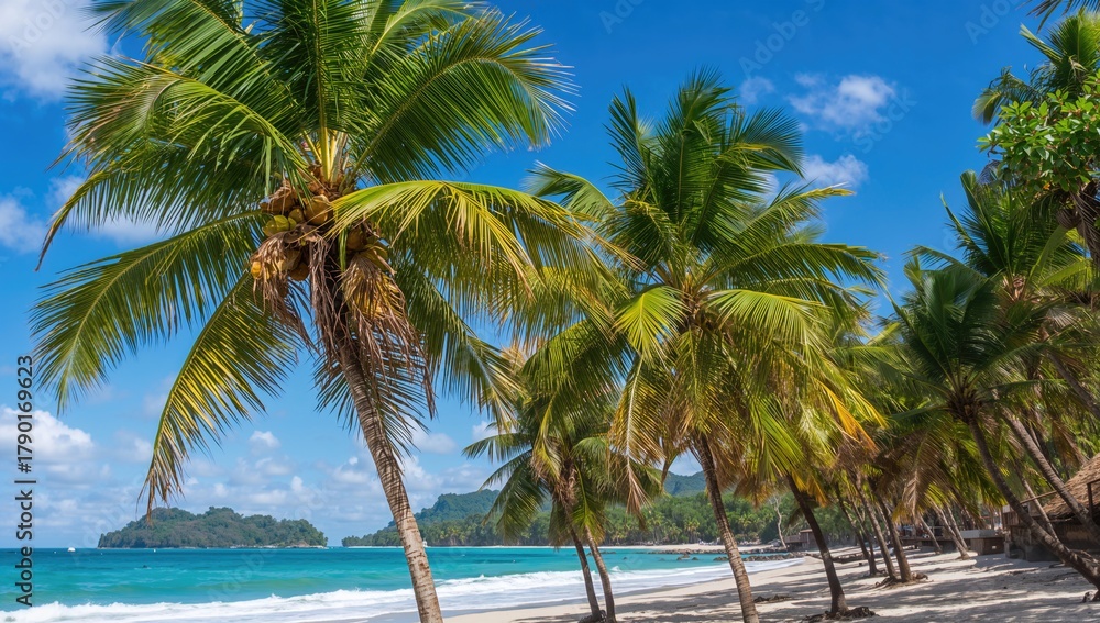 Obraz premium Palm trees swaying on a tropical beach, summer relaxation, World Environment Day