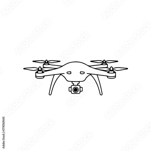 Drone with camera minimal line vector illustration for aerial filming, photography flights and unmanned aircraft system visuals
