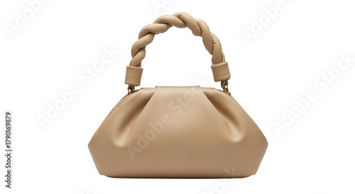 A stylish beige handbag with a twisted handle isolated on transparent background