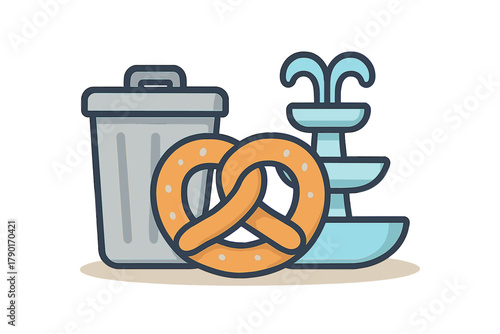 Set of icons depicting trash receptacle, pretzel snack, and water feature