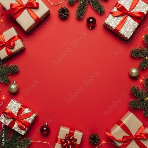 Beautiful Red Christmas Background with Gift Boxes, Ornaments and Pines. Christmas Decorations. Seasonal Wallpaper.