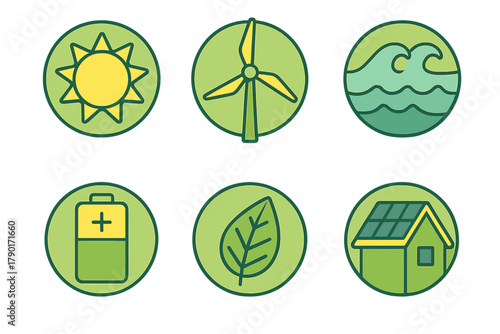 Circular icons for renewable energy and environmental sustainability concepts