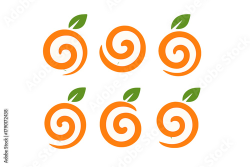 Abstract orange fruit spiral logo icons with small green leaf accent