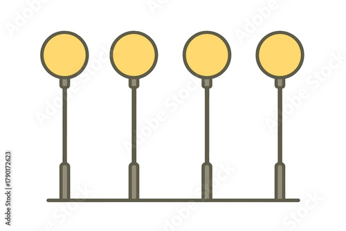 Row of four simple glowing street lamps on white background