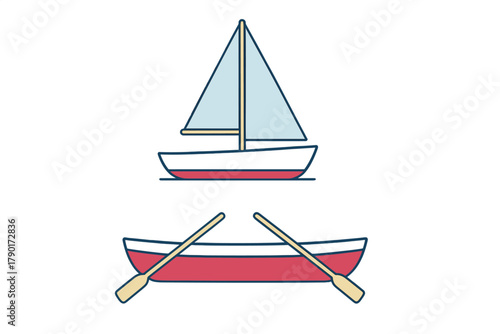 Set of sailboat and rowboat icons for water recreation activities
