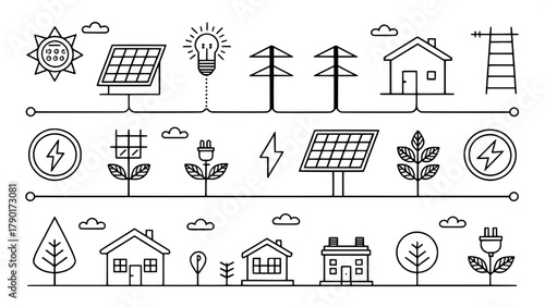 A structured layout of 14 minimal line art icons representing solar power systems, displayed in two rows on white background. Icons include solar panels, homes, energy arrows, lightning bolts, plugs, 