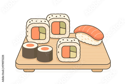 Assortment of fresh sushi rolls and nigiri on wooden serving board
