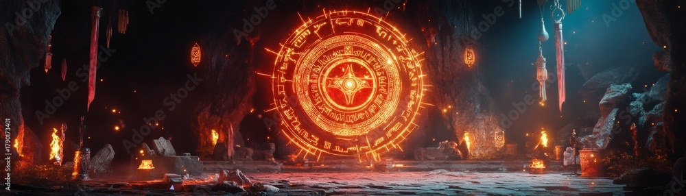 Obraz premium Mystical portal emitting fiery energy, situated within a cavernous space