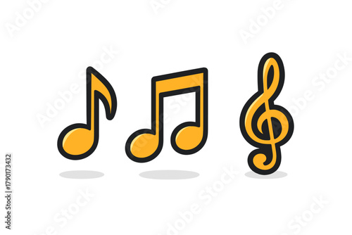 Yellow musical notes and treble clef icons with black outline