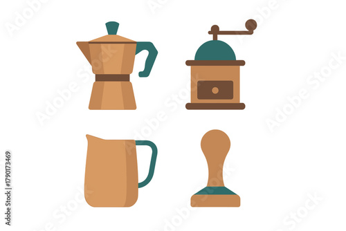 Essential coffee making equipment icons including moka pot grinder pitcher and tamper
