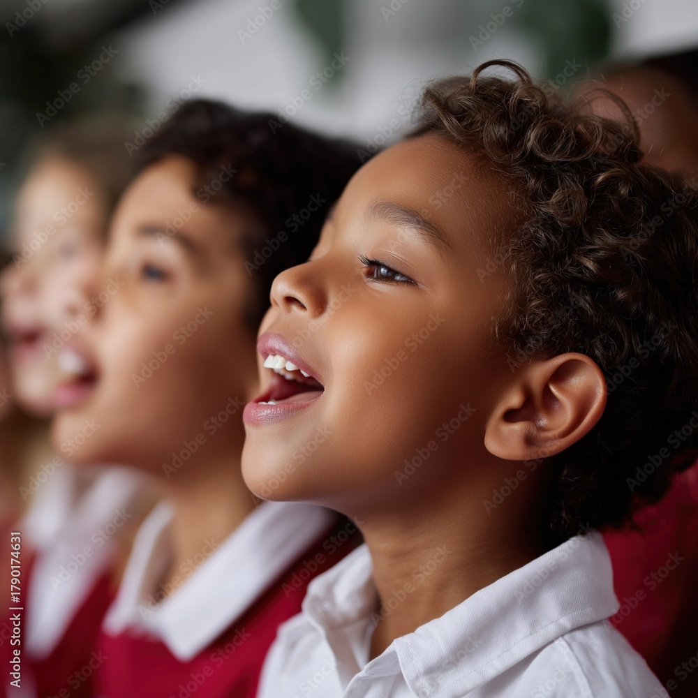 Fototapeta premium Joyful multiracial children singing in chorus with enthusiasm and unity