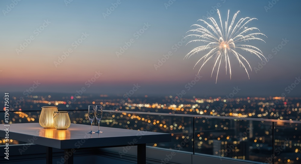 Fototapeta premium Twilight cityscape with firework display from rooftop terrace at dusk