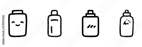 Bottles And Containers Line Icon Set In Doodle Style. Personal Care, Hygiene, And Cosmetic Packaging Outline Sketch Collection. Hand Drawn Isolated Vector Illustration