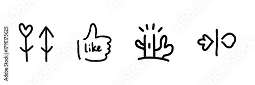 Heart And Arrow, Thumbs Up, Cactus, And Heart With Arrow Line Icon Set In Doodle Style. Social Media Interaction, Nature, And Love Symbolism Outline Sketch. Hand Drawn Isolated Vector Illustration