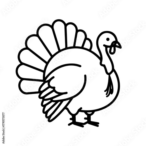 Turkey vector illustration in clean black line art, simple farm bird drawing, minimal and isolated animal design