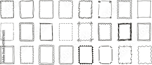 Hand drawn line frames, cute doodle borders with wavy lines and swirls. Rectangular shapes with scribbled edges or zigzag lines, minimalist outline decorative frame vector design element set