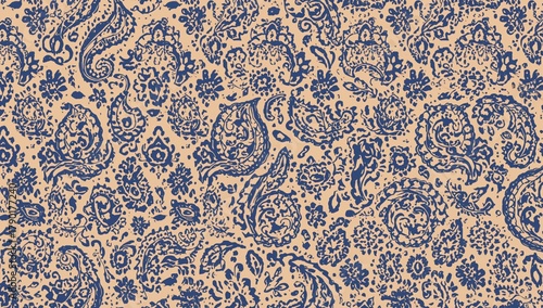 Indigo ethnic ikat allover pattern with seamless paisley motifs for textiles, interiors, fashion, and web use