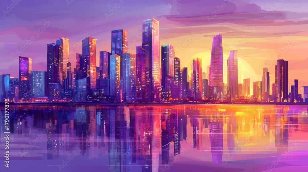 Fototapeta premium Vibrant city skyline reflects in calm waters at sunset, showcasing modern architecture and colorful hues