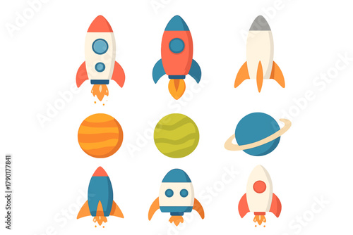 Cartoon rockets and planets with stylized flames taking off in space