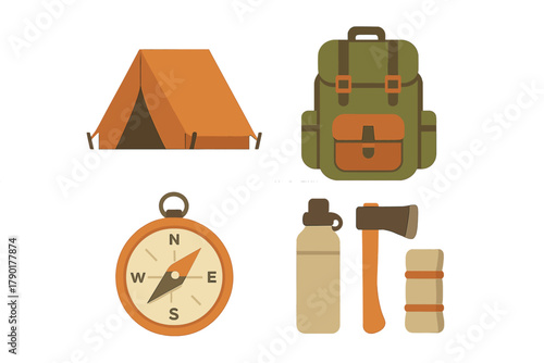 Essential camping and hiking equipment set with tent backpack compass and axe