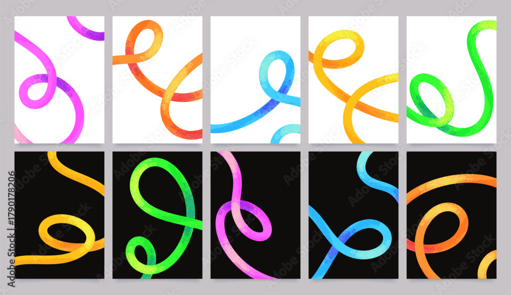 Obraz premium Abstract poster with bold wavy lines and swirls, colorful squiggles with hand drawn grunge texture on black and white background. Playful minimal banners with spiral line doodles vector set