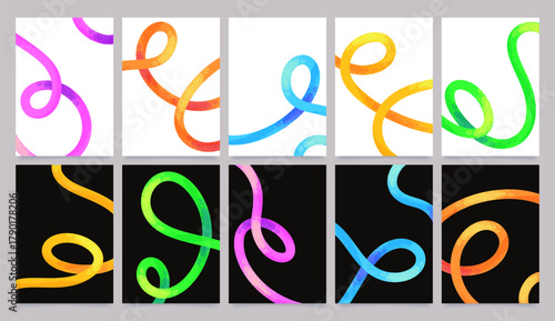 Abstract poster with bold wavy lines and swirls, colorful squiggles with hand drawn grunge texture on black and white background. Playful minimal banners with spiral line doodles vector set