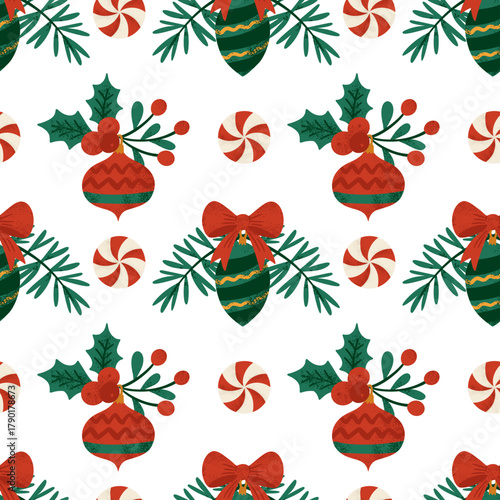 Vintage Seamless Christmas Pattern With Baubles Berries Holly Leaves And Peppermint Candies