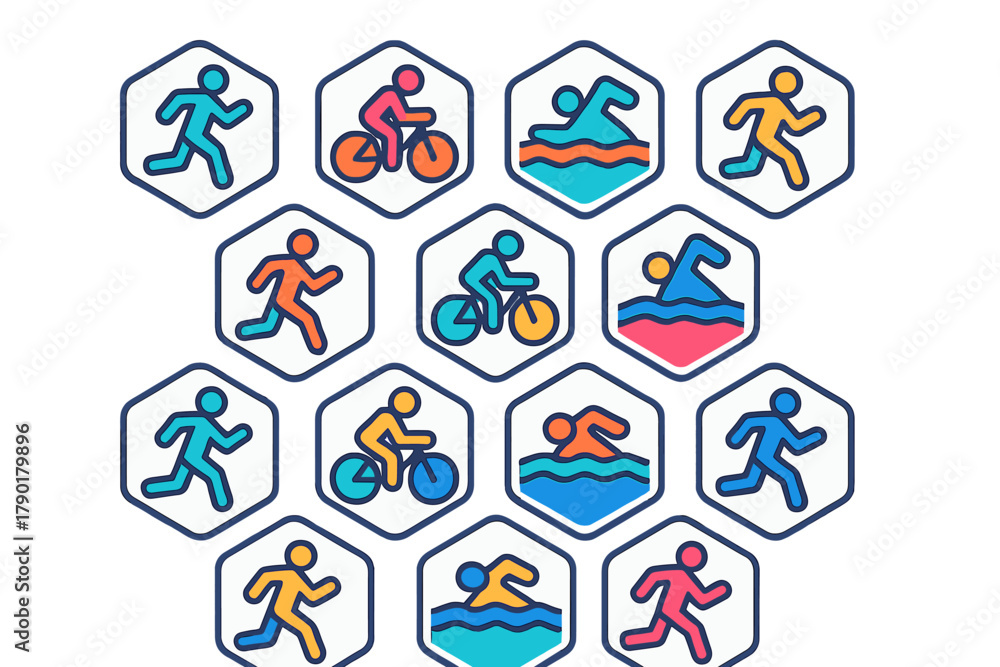 Fototapeta premium Vibrant icons representing running, cycling, and swimming sports activities