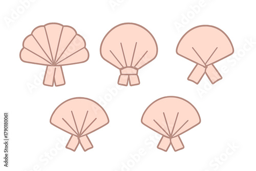 Five stylized scallop shell icons in soft pink tones