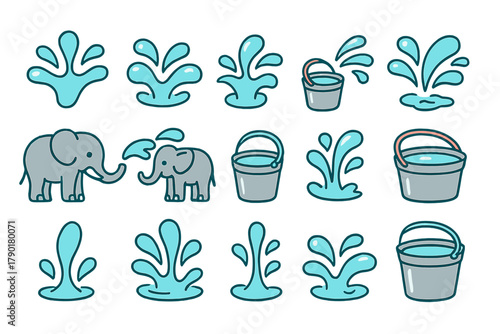 Charming elephant water play icons featuring splashes and buckets