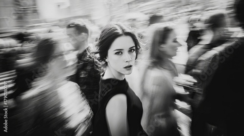 Wallpaper Mural  black and white photograph of  elegant brunette woman, walking through  crowd outdoor, blurred motion,  cinematic  Torontodigital.ca