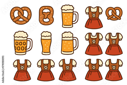 Traditional Bavarian festival icons featuring beer, pretzels, and folk costumes